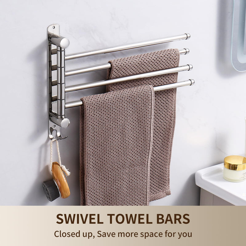 Swivel Towel Rack, 14" Thicken 304 Stainless Steel 4-Arm Adjustable Towel Bar,Wall Mounted Towel Holder with Hook, Space Saving for Kitchen, Bathroom, Outdoor (Silver, 4 Arms) Silver 4-arms