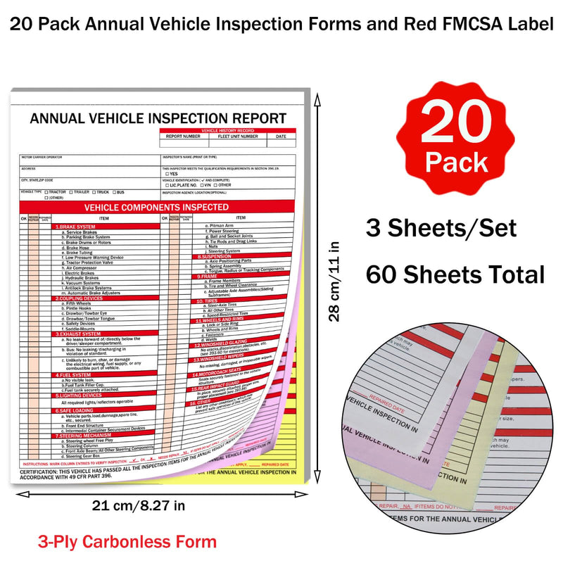 20-Pack Annual Vehicle Inspection Report Forms with Red FMCSA Aluminum Labels, 3-Ply Carbonless with Tearing Line, Durable & Easy to Use for Driver Vehicle Inspections, DOT Compliant