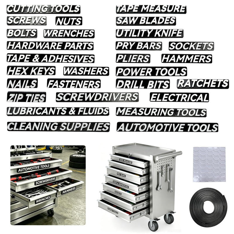 Magnetic Toolbox Labels: 28 Strong Magnets + 80 Premium Adhesive Pads. 3D for Steel/Wooden Toolboxes, Garage Organization (Black)