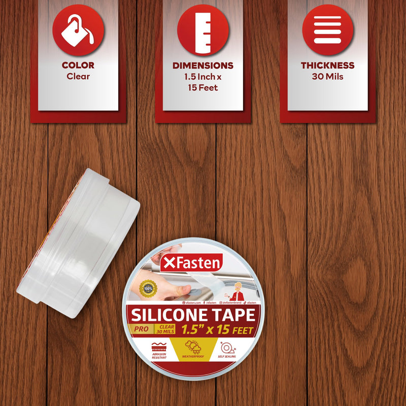 XFasten Self-fusing Silicone Tape Pro, Clear, 1.5-Inch x 15-Feet, 30mils Extreme Silicone Repair Pipe Tape for Electrical, Radiator Hose, Garden Hose, Coax Plumbers Water Seal and Stretch Tape