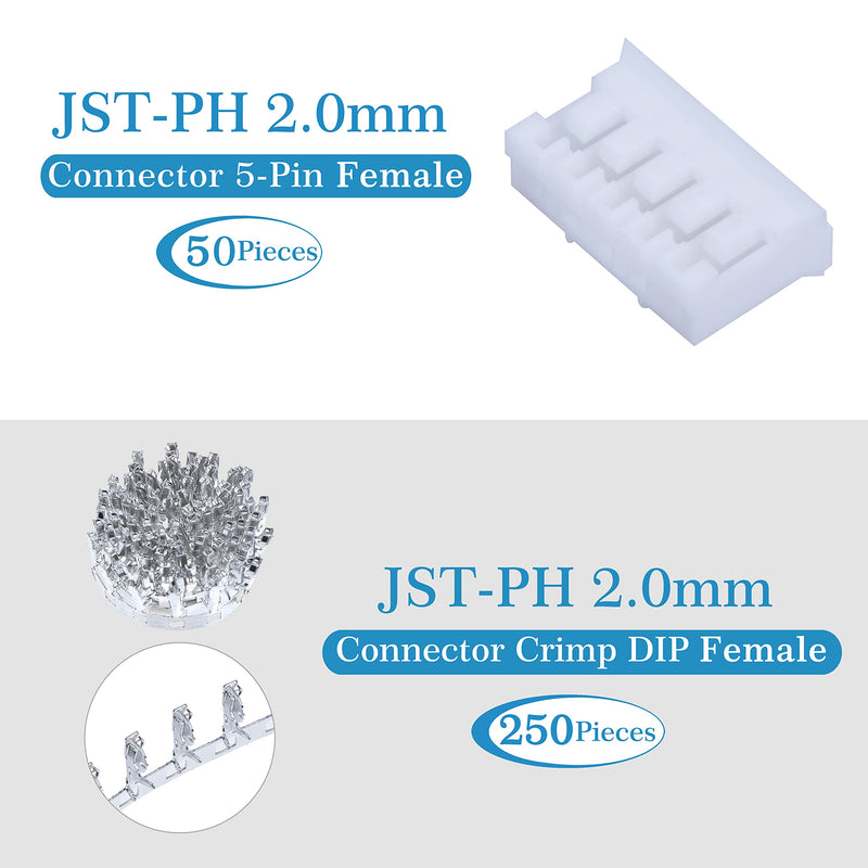 [Australia - AusPower] - JST PH 2.0 mm Pitch 5-Pin Electronic Computer Connector IC Male Plugs, Female Sockets Housing and T-Shaped Crimp Terminal Kit. 50 Sets/350 Pieces Wire-to-Board Adapter Cable Assembly. 
