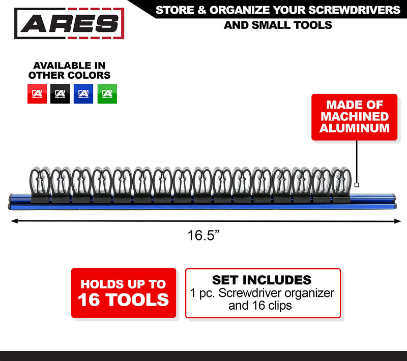 ARES 62027 - Blue 16.5-Inch Hand Tool Holder - Aluminum Rail Stores up to 16 Screwdrivers or Small Tools and Keeps Your Garage Organized 1-Piece