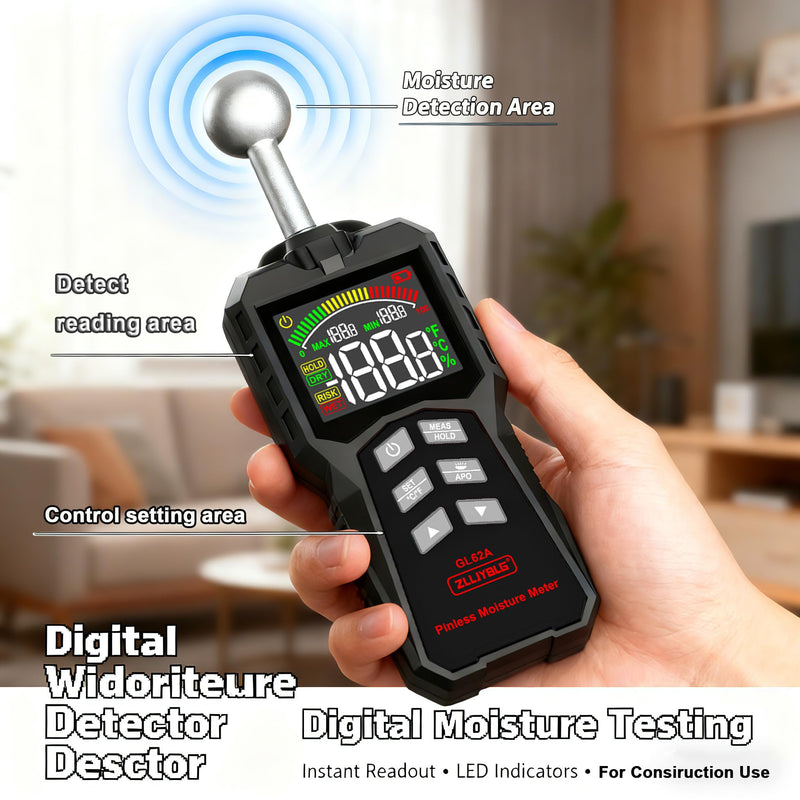 [Australia - AusPower] - Pinless Moisture Meter, Spherical Ball Probe Non-Invasive, High Precision Damp Detector with Backlit LCD, 5-40mm Depth for Walls, Drywall, Concrete, Woodworking & Mold Prevention 
