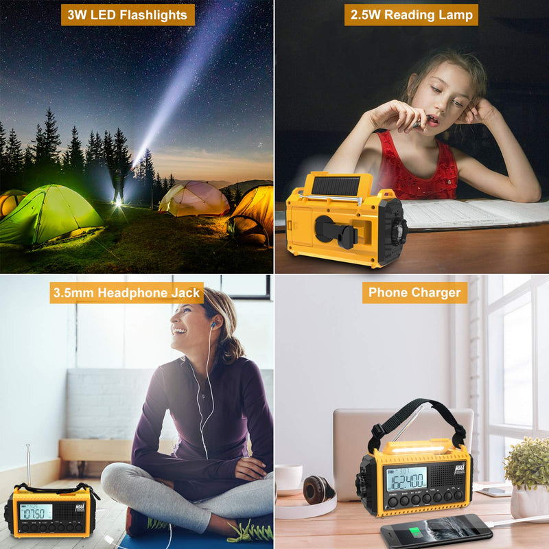 [Australia - AusPower] - Emergency Radio Raynic 5000 Weather Radio Solar Hand Crank AM/FM/SW/NOAA Weather Alert Portable Radio with Cellphone Charger, Headphone Jack, Flashlight, Reading Lamp and SOS Alarm (Yellow) Yellow-LCD Display 