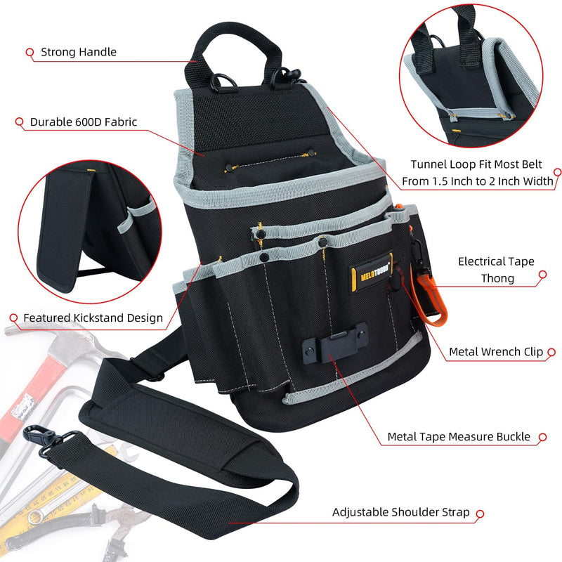 MELOTOUGH Electrician Tool Pouch Tool Belt Pouches Multiple Pockets Tool Organizer for Technician, Maintenance, HVAC Larger Electrician Pouch Black+Grey