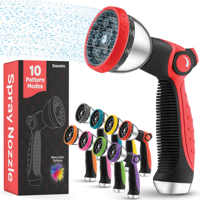 [Australia - AusPower] - Hose Nozzle [Red] Heavy Duty Hose Sprayer With 10 Adjustable Watering Patterns. Thumb Control Design, Comfortable Ergonomic Grip, Garden Hose Nozzle for Watering Plants & Lawns/Fun showers/Cleaning 1 Red 