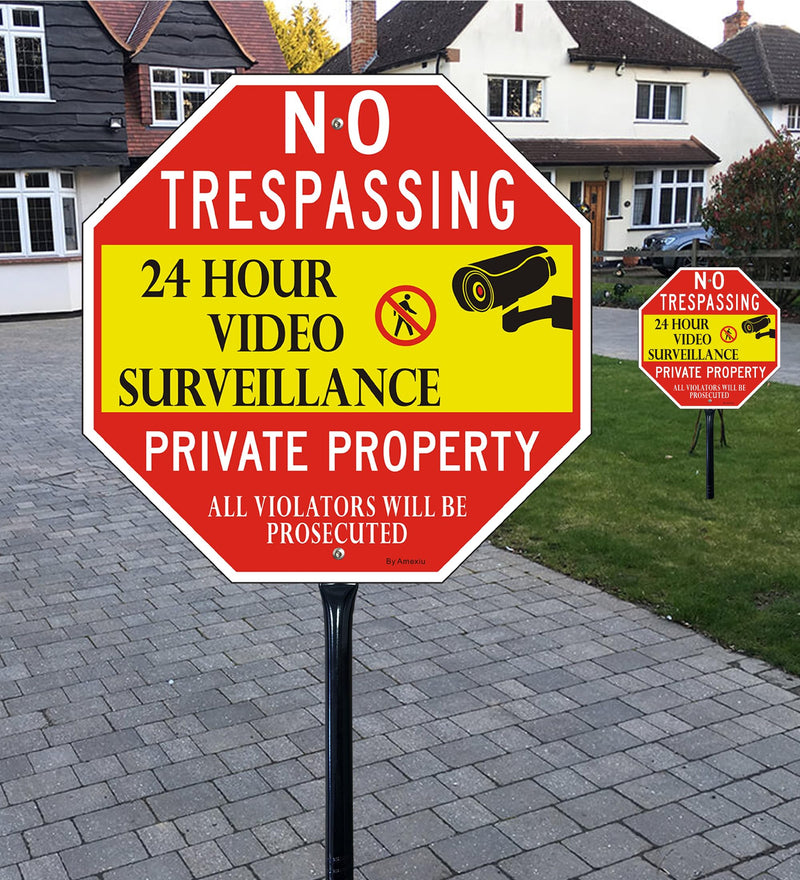 Large No Trespassing Sign Private Property with 36" Metal Stake - 12 x 12 Inches 24 Hour Video Surveillance Signs, Rust-Free& Fade Resistant Aluminum (1 Pack) 12"x12"- 1Pack with Stong stake Red