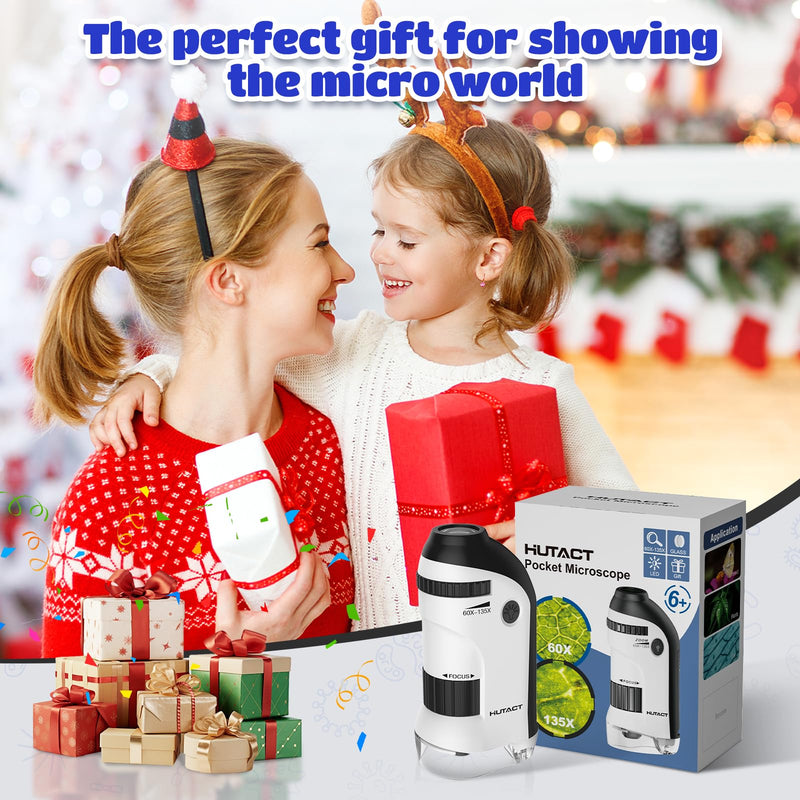 [Australia - AusPower] - Mini Microscope for Children with Slide Set: 60 x 135 x LED Pocket Microscope Portable Handheld Microscope Educational Gift for Children Students Adults Microbiological Observation black 