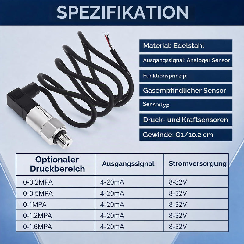 Stainless Steel Pressure Transducer, Pressure Sensor Silicon Pressure Transmitter Sensor Water Flow Sensor 4-20mA Output G1/4 Inch for Water Gas Oil (0-0.2 MPA) 0-0,2 MPA