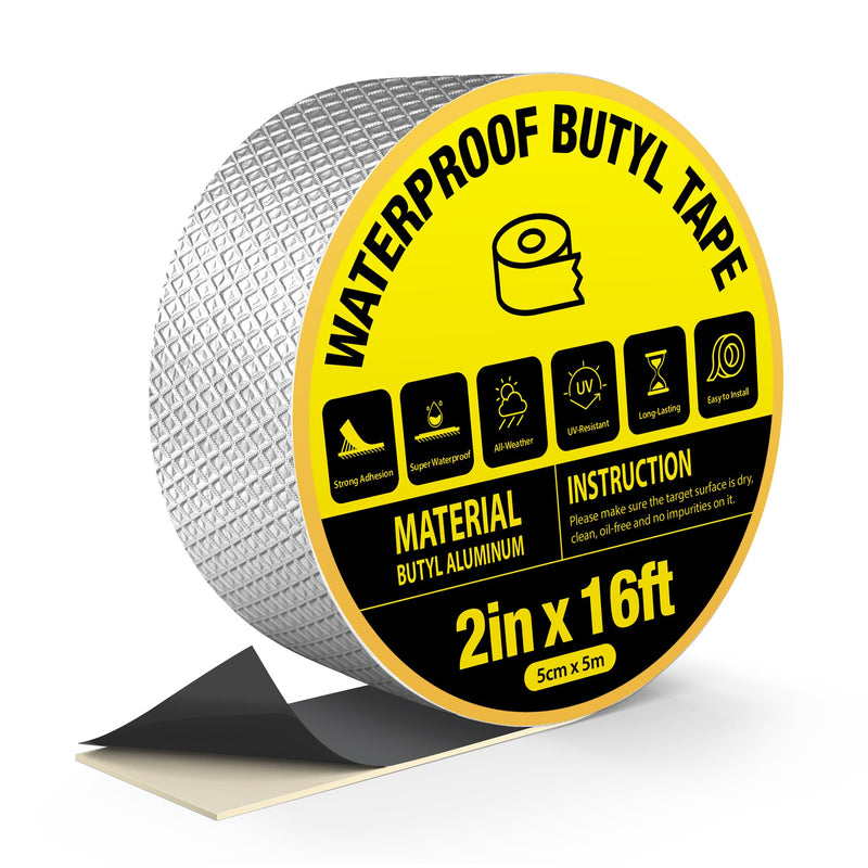 Waterproof Butyl Sealing Tape, Strong Adhesive Aluminum Foil Metal Roof Repair Tape for RV Roof Sealing, Flashing Seams, Gutters, Skylight and Vent Pipes Waterproofing, 2" x 16ft 2 in x 16 ft (W x L)