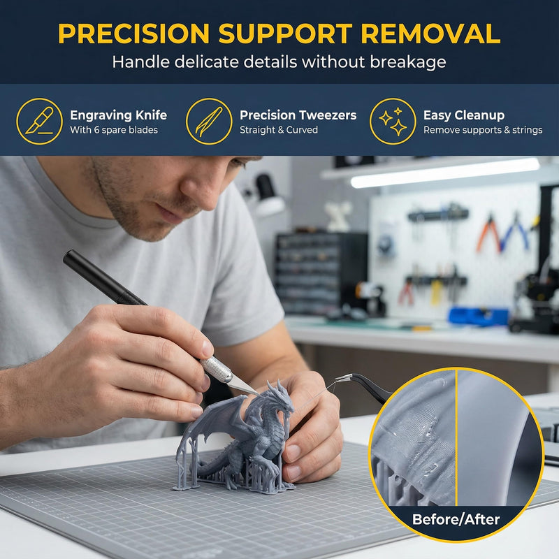 [Australia - AusPower] - 34 in 1 3D Printer Tools Kit Essential Accessories for All FDM & SLA 3D Printers Nozzle Cleaning & Filament Removal Scrapers 5 Types of Files, Brushes, Wire Cutter, Engraving Knife P01 