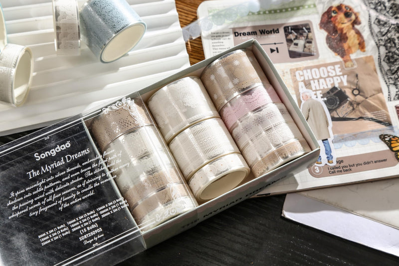 15 Rolls Lace Patterns PET Tapes Floral Arts Decorative Tape Set Adhesive Transparent Masking Tapes for DIY Craft, Kids, Scrapbook, DIY, Gift Wrapping, Journal (1-Moonlit Veil) 1-Moonlit Veil