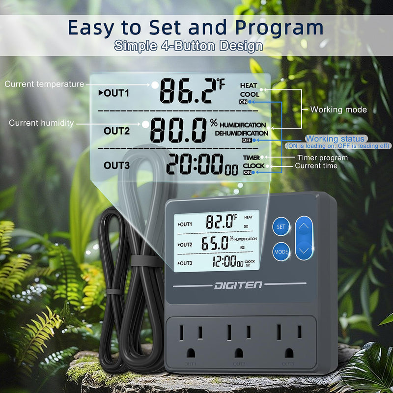 [Australia - AusPower] - DIGITEN Reptile Temperature and Humidity Controller with Timer Outlet, Day-Night Function Thermostat, 3-Stage Outlet Plug in Temperature Controller for Reptile, Mushroom, Homebrew 