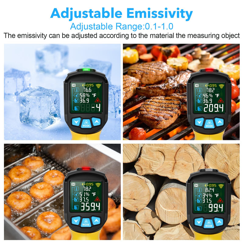 [Australia - AusPower] - Infrared Thermometer Temperature Gun,-58°F to 1472°F Non Contact Digital IR Laser Thermometer Temp Gun with Probe & Humidity Measurement for Cooking,Griddle,Engine,HVAC,Adjustable Emissivity Yellow-58°F to 1472°F(-50~800°C) 