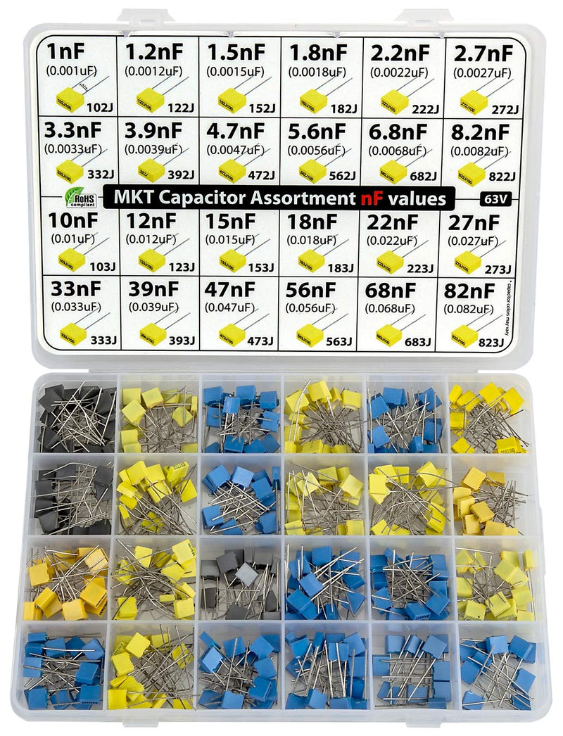 nF Values - MKT Polyester Box Capacitor Kit Assortment 350 pcs 24 Values 63V, All nF Values, 1nF, 1.2nF, 2.2nF, 2.7nF, 3.3nF, 4.7nF 10nF, 12nF, 15nF, 18nF, 27nF, 33nF, 39nF, 47nF, 56nF, 68nF, 82nF