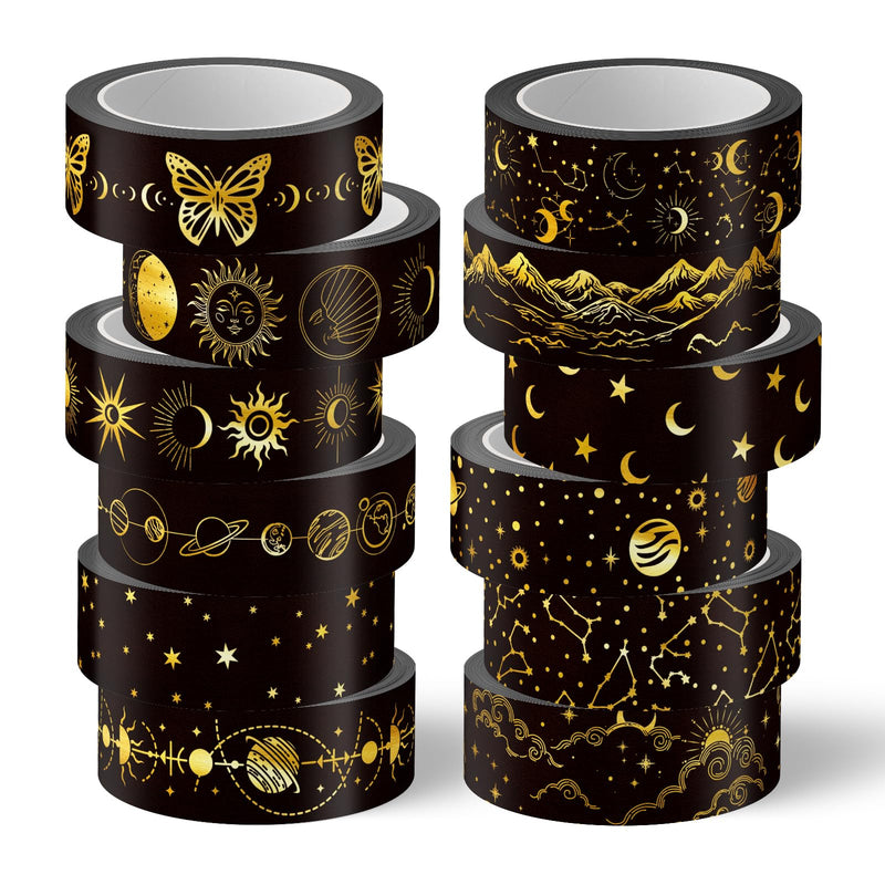 Whaline 12 Rolls Gold Foil Galaxy Washi Tape Black Gold Sun Moon Star Masking Tape Set Decorative Wrapping Paper Tapes for Scrapbook Journal DIY Art Crafts