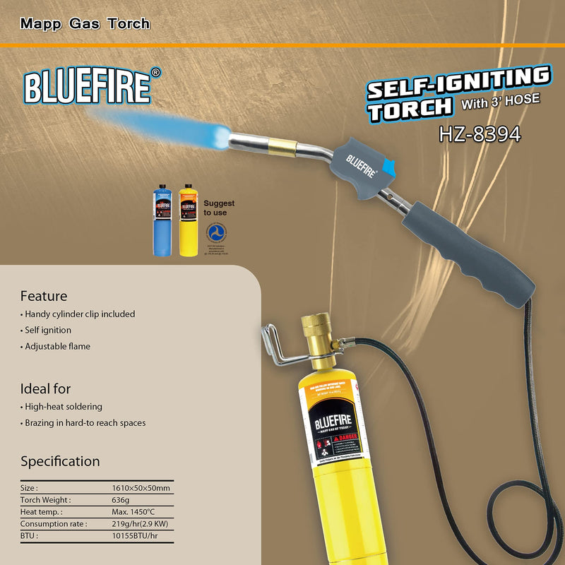BLUEFIRE HZ-8388B Self Igniting 3' Hose Gas Welding Torch, Swirl Flame, Fuel by MAPP/MAP Pro/Propane (Torch) Hosed Torch Only