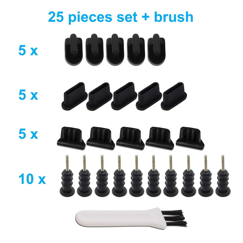 [Australia - AusPower] - Universal 25pc Charging Port Cover Set, Compatible with iPhone, USB-C, Android, Micro USB, Tablets - Includes Headset Plugs, SIM Tool & Cleaning Brush (Black) Black 25 piece 