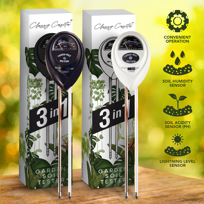Classy Casita 3-in-1 Garden Soil Tester- Three Way Plant Soil Test Kit to Measure Soil Moisture, pH-Value, and Sunlight Soil Moisture Meter w/Plant Watering & Care eBook, White