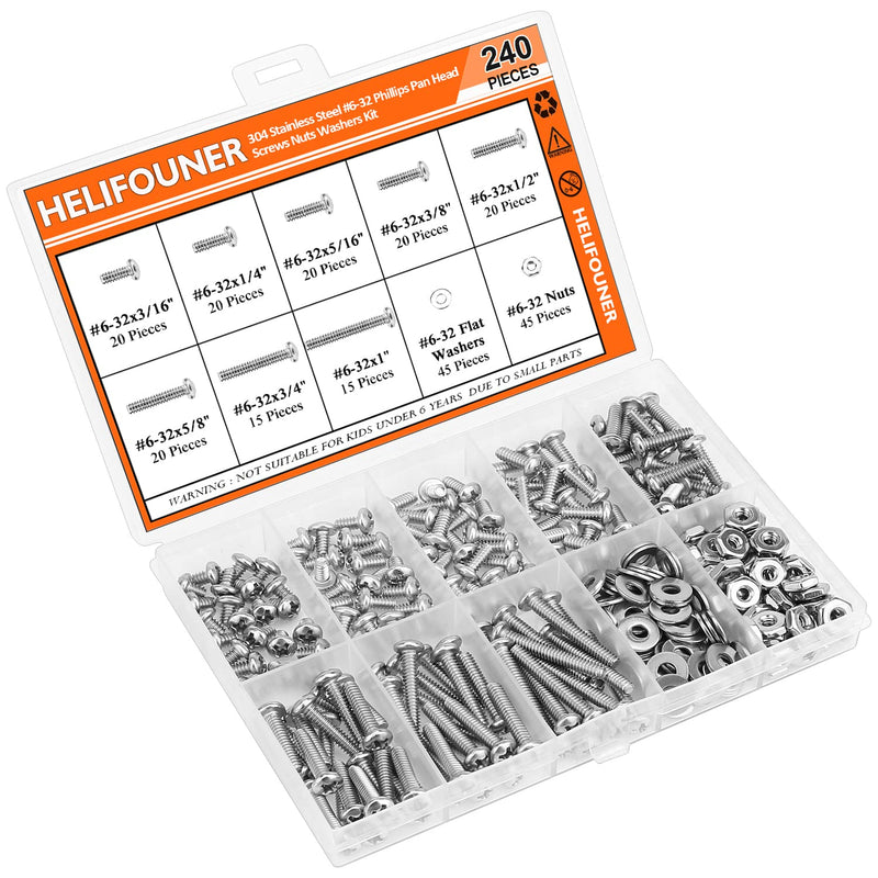 [Australia - AusPower] - 240 Pieces #6-32 Phillips Pan Head Machine Screws Nuts Washers Assortment Kit, Coarse Thread, Fully Machine Threaded, 304 Stainless Steel 