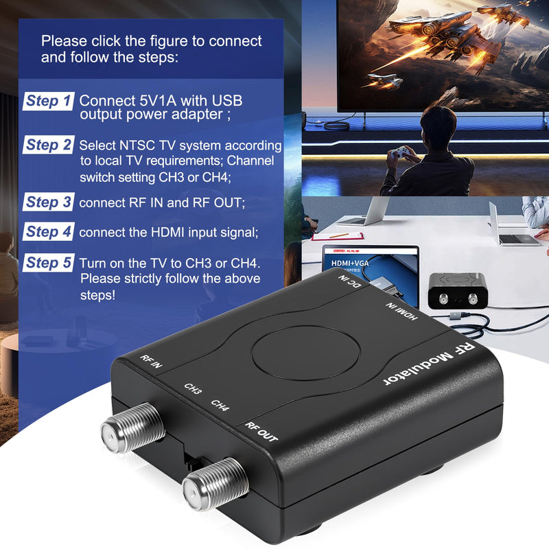 HDMI to RF Modulator, HDM61 VHF HDMI to RF Converter Adapter for TV NTSC Format Output, 1080P PLL Control for Home TV Game Console