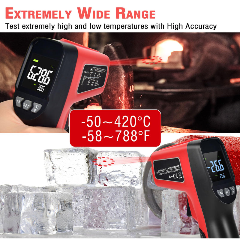 [Australia - AusPower] - Non-Contact Infrared Thermometer -58°F ~788°F (-50~420℃) with Large Color LCD Backlight Display & Laser Positioning & Adjustable Emissivity & Max Min for Cooking, Oven, Griddle, Engine, HVAC Black & Red 