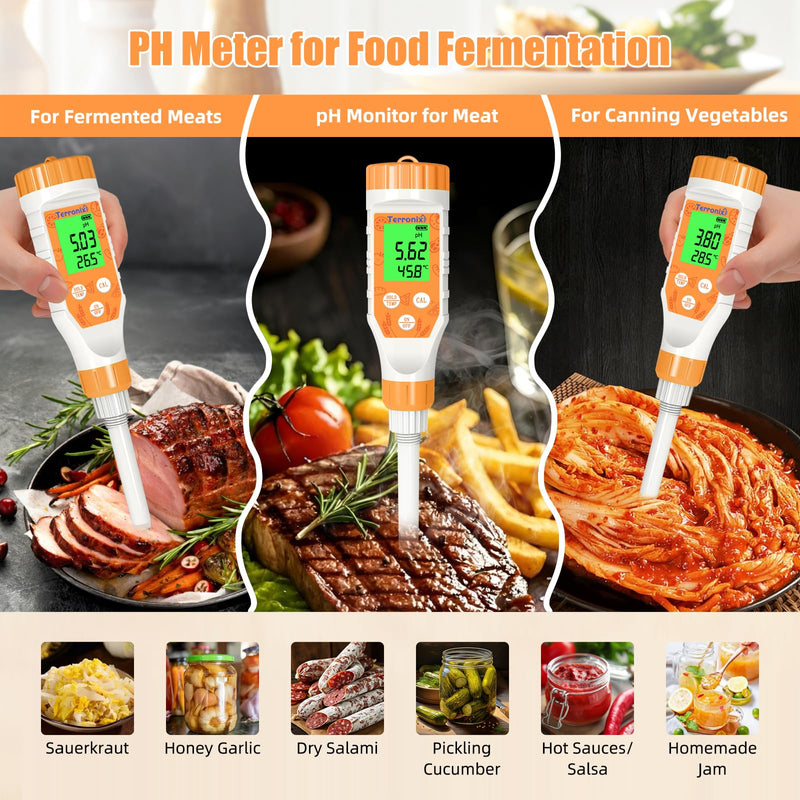 [Australia - AusPower] - Food pH Meter Digital pH Tester for Food Fermentation Canning Cooking – Accurate pH Meter for Sourdough Bread, Cheese, Hot Sauce, Yogurt – Smart Water Resistant Food Orange 