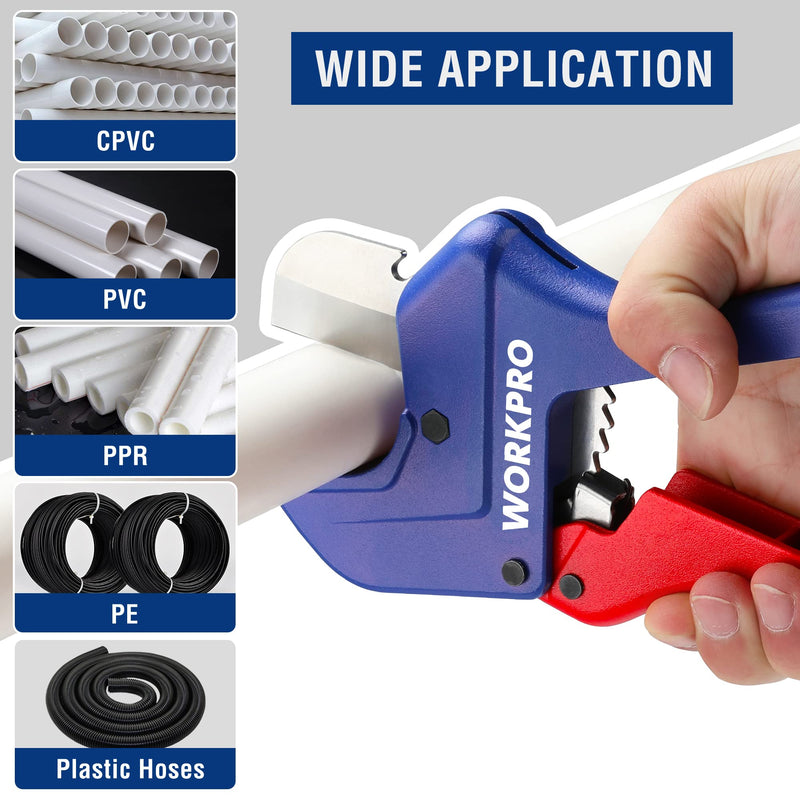 WORKPRO Ratchet PVC Pipe Cutter Tool, Up to 2-1/2", Pex Cutting Tool for Cutting PEX, PVC, PPR, and Plastic Hoses with Sharp 5Cr15MoV Stainless Steel Blades, Suitable for Home Repairs and Plumbers 2-1/2"(63mm)