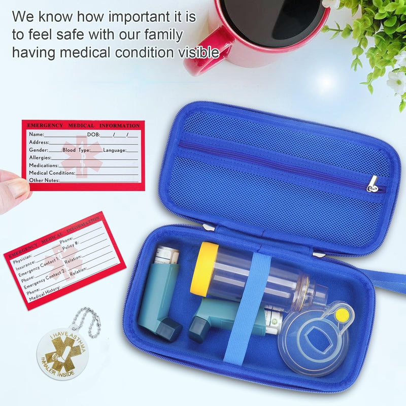 [Australia - AusPower] - YouKnow Travel Carrying Case for Asthma Inhaler, Inhaler Spacer for Adults and Children, Mask, Inhaler Holder with Asthma Warning Label and Medical Card, with Carabiner (Case Only) (Blue) Blue 