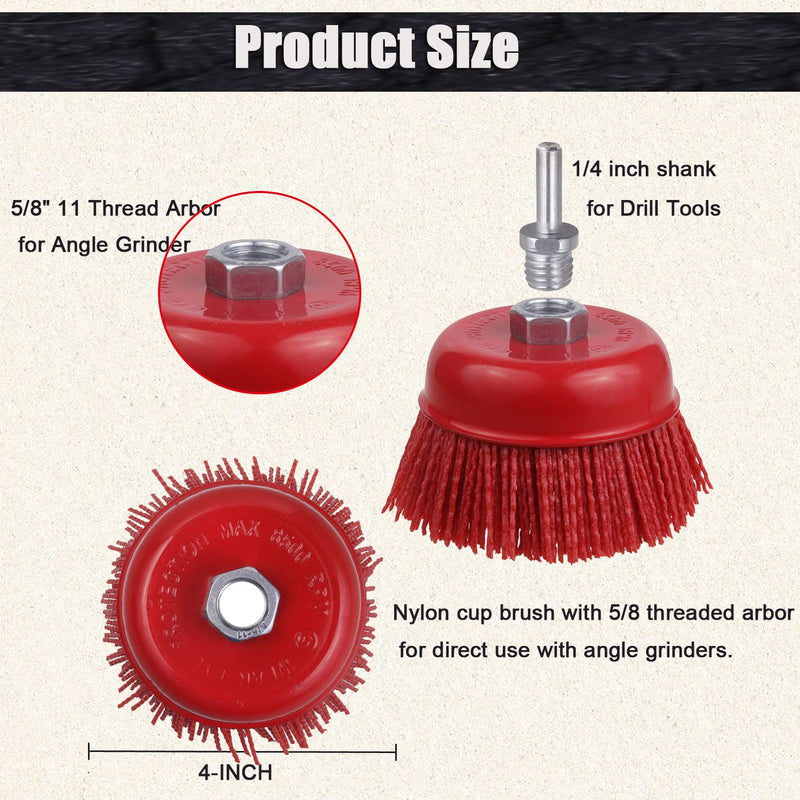 [Australia - AusPower] - Abrasive Filament Nylon Bristle Cup Brush, 4" Nylon Cup Brush for Angle Grinder, 5/8" 11 Thread, 1/4" Drill Arbor-Remove Rust, Removal Rust Paint &Surface Prepping 1 Pack 