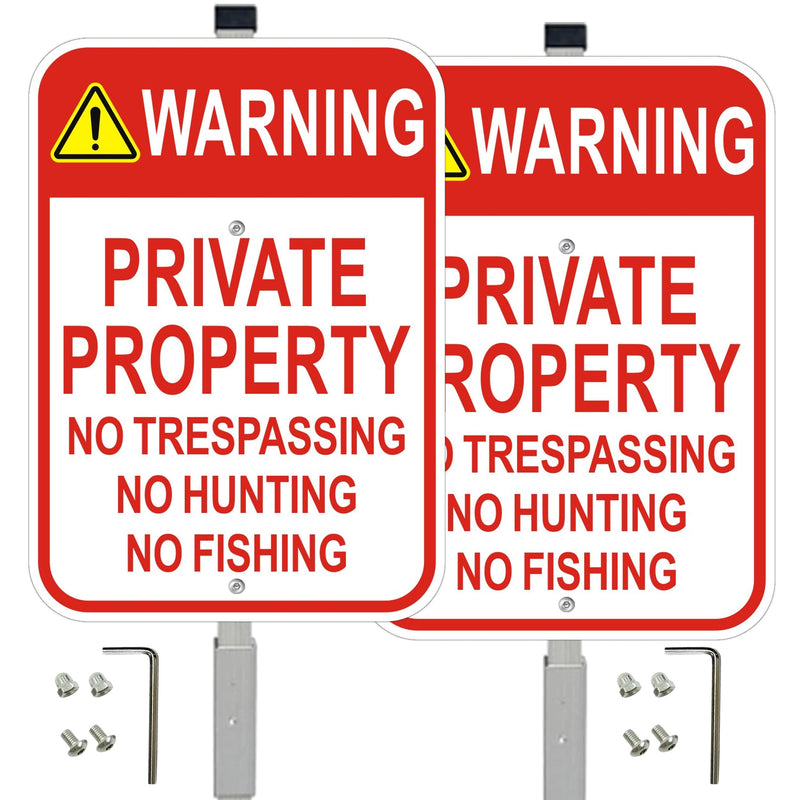 2 Pack Private Property No Trespassing Signs with 36" Metal Stakes, 10x14 Inches, Reflective Aluminum, No Hunting No Fishing Signs 2 Pack-10"x14" with 36" Stakes