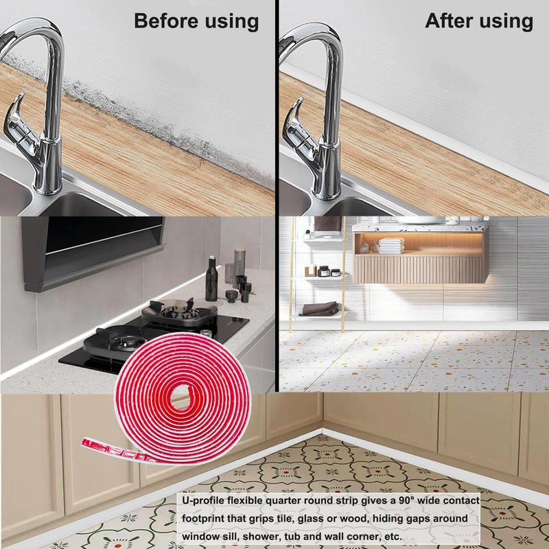 236 Inch Flexible Quarter Round Shoe Molding, Peel and Stick Waterproof Silicone Trim for Bathroom Floor, Corner, Baseboard, Staircase and Cabinet Edge Cover 236"