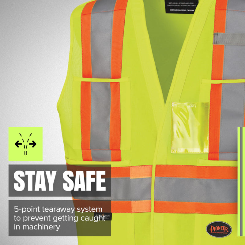 Pioneer Hi Vis Tear-Away Safety Vest for Men and Women - Reflective Tape ANSI Class 2, 4 Pockets, Adjustable Front XX-Large-3X-Large Yellow/Green