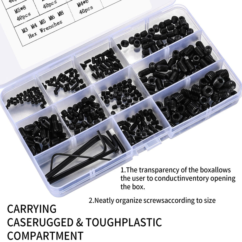 [Australia - AusPower] - Set Screws Assortment Kit, 400 Pcs M3/M4/M5/M6/M8 Allen Head Hex Socket Grub Screw Set, Black Hex Allen Head Screws with Internal Hex Drive for Door Handles, Light Fixture Screws 