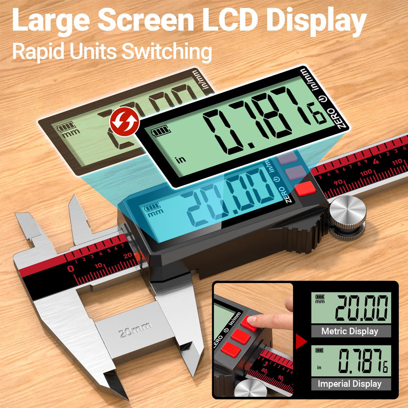 Rechargeable Digital Caliper 200 mm/8 Inch Caliper with LCD Screen, Inch/mm, Stainless Steel Vernier Measuring Tool for DIY, Household, Jewelery Tools, 3D Printer