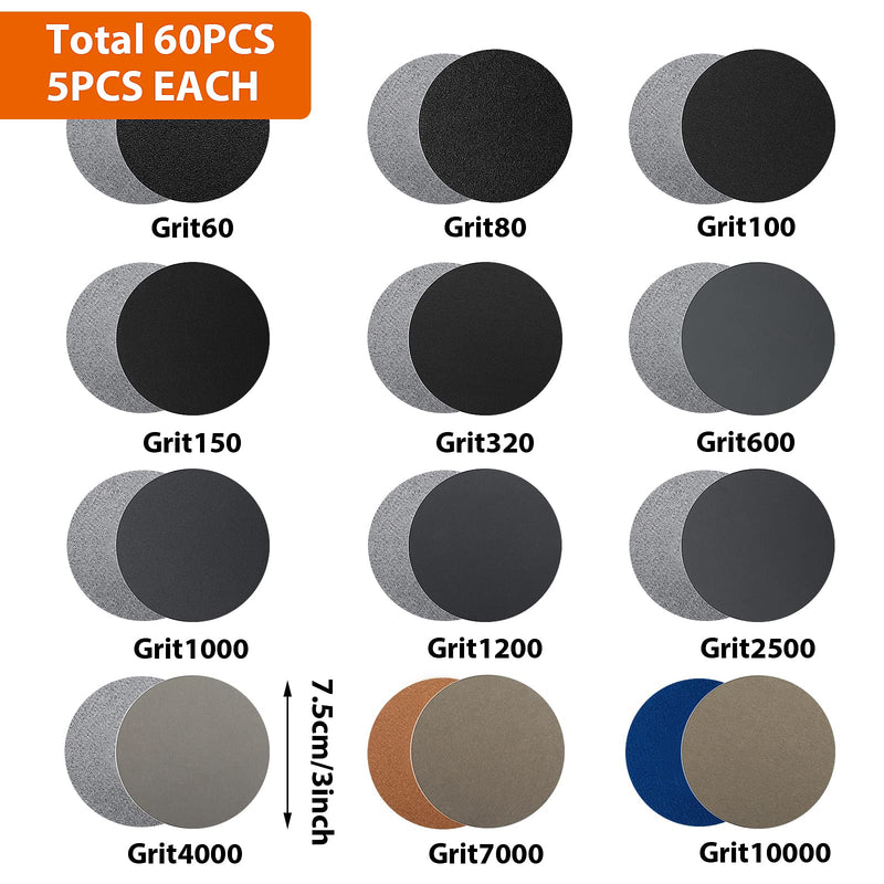 [Australia - AusPower] - ASTER Pack of 60 Sandpaper 75 mm Round Sanding Discs Sanding Pads Grit 60 80 100 150 320 600 1000 1200 2500 4000 7000 10000 Velcro Dry Wet Pad for Metal Wood Glass Car Polishing 