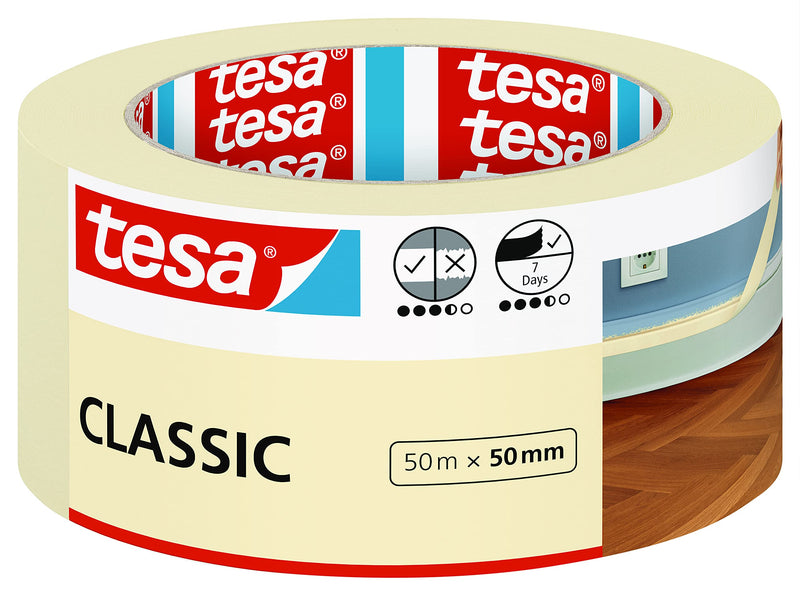 tesa Masking Tape CLASSIC - Painter's Tape for Masking During Painting Work - Solvent-free, Removable without Residue - 50 m x 50 mm 50m x 50mm