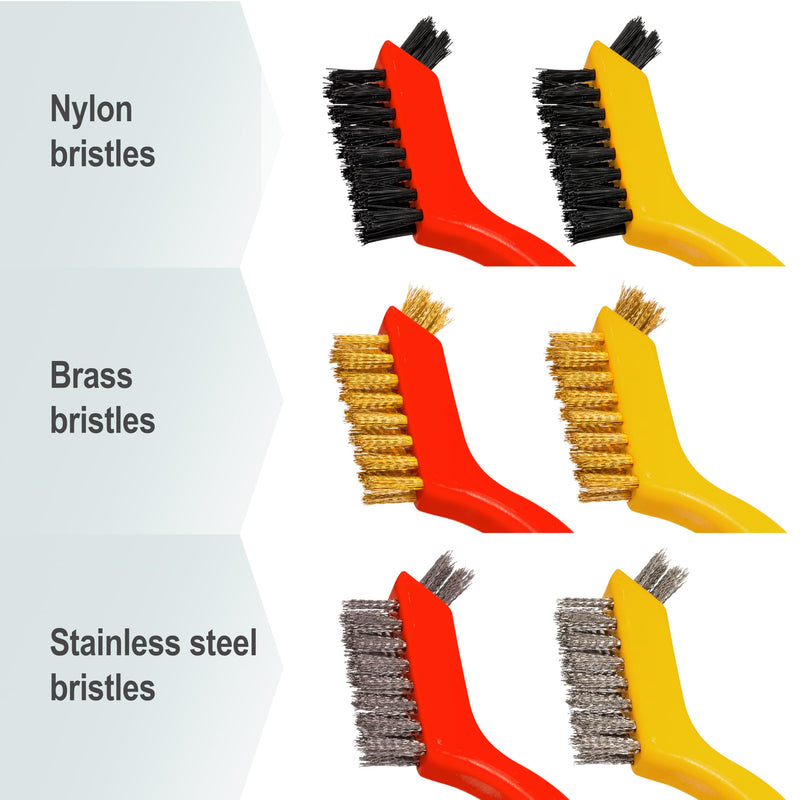 [Australia - AusPower] - 6Pcs Small Wire Brushes for Cleaning Rust, Brass/Nylon/Stainless Steel Brushes with Curved Handle for Cleaning Metal, Paint Removal, Weld Slag & Dirt Cleaning 