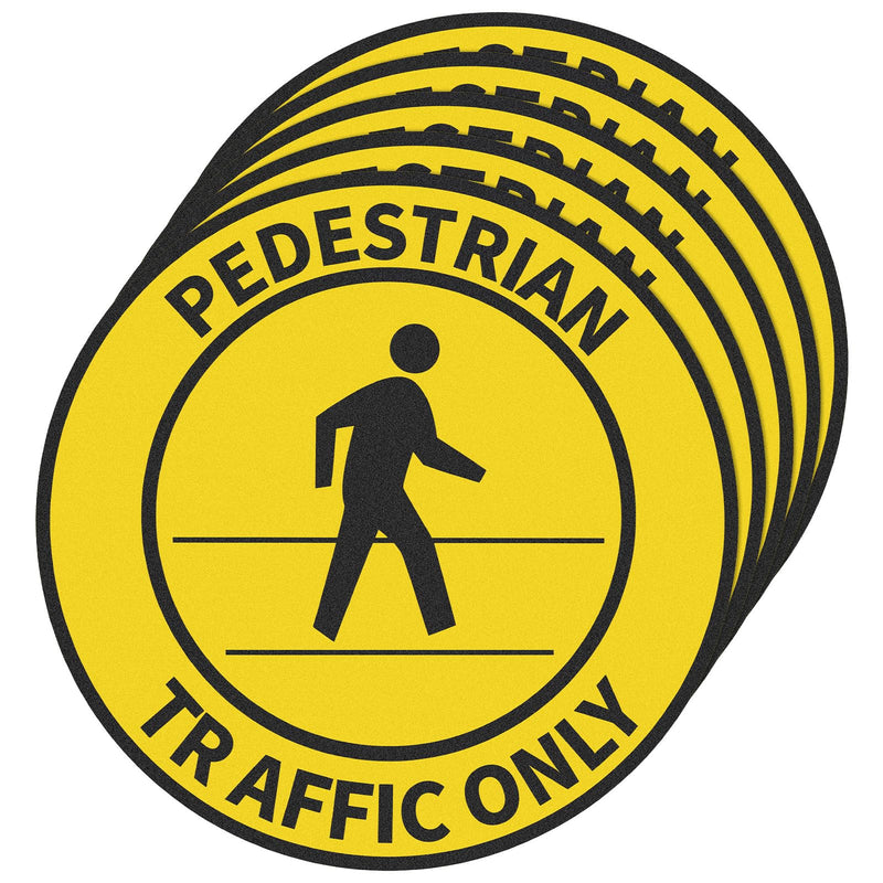5 Pack Pedestrian Traffic Only Sticker Sign 17 Inch Round Pedestrian Safety Caution Sign Peel and Stick Adhesive Vinyl Anti-slip Floor Sticker 5 Non-reflective