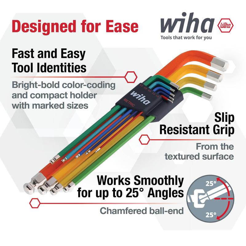 Wiha 66980 Ball End Hex L-Key Set, 9 Piece, Metric, Color Coded, Textured Grip, Includes Holder Hex L-Key Metric Color Coded Set, 9 piece