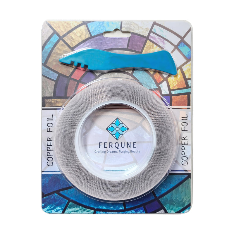 FERQUNE 3/16 Inch Black Backed Copper Foil Foil Tape for Stained Glass, 2 Rolls, 1 Burnisher