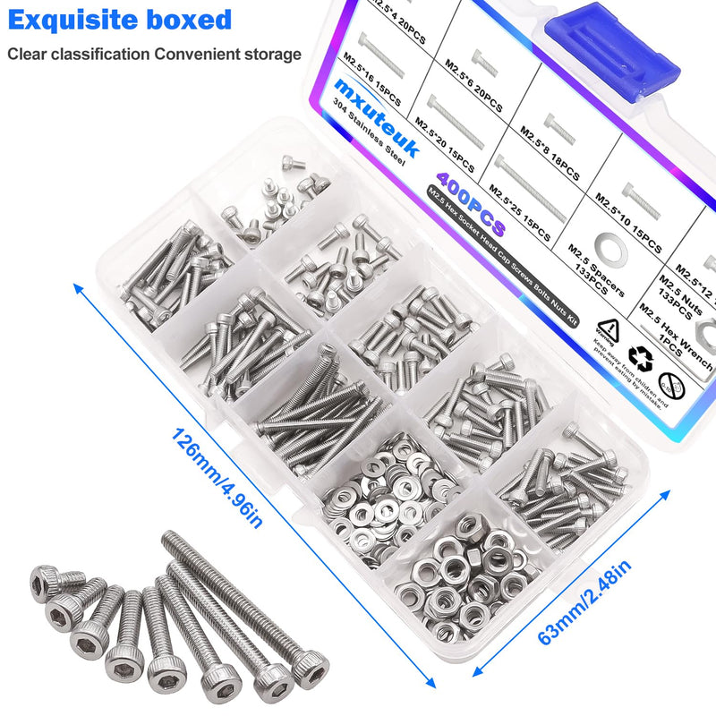 [Australia - AusPower] - mxuteuk M2.5 Screw Assortment Set,M2.5 x 4/6/8/10/12/16/20/25mm Hex Socket Head Cap Screws Bolts Nuts Kit,400PCS 304 Stainless Steel Assorted Screws with Hex Wrench G035-M2.5 Silver 