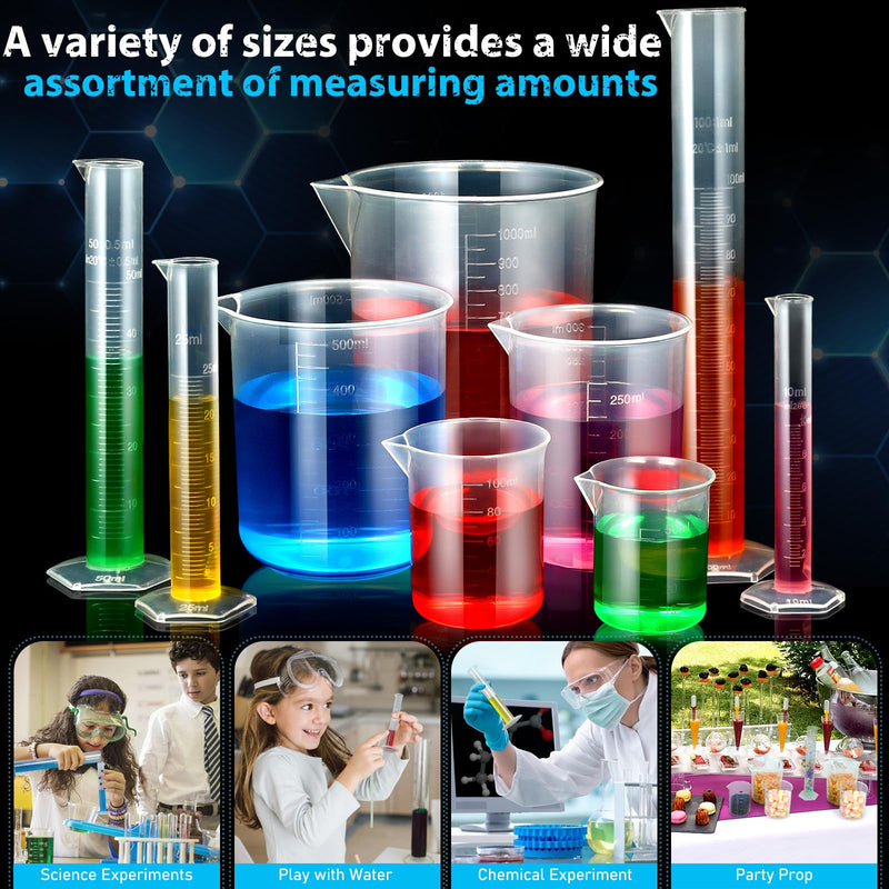 [Australia - AusPower] - moveland Plastic Graduated Cylinders and Beakers with 5 Pipettes, 10ml 25ml 50ml 100ml Cylinders, 50ml 100ml 250ml 500ml 1000ml Beakers, Ideal for DIY and Kids Science Lab 