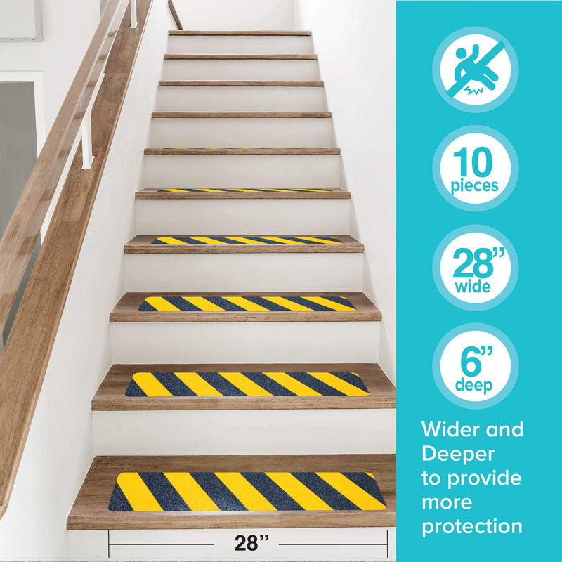 LifeGrip Anti Slip Traction Treads (10-Pack), 6" X 28", Yellow and Black, Best Grip Tape Grit Non Slip, Outdoor Non Skid Tape, High Traction Friction Abrasive Adhesive for Stairs Step 6" x 28" Caution Stripe 10