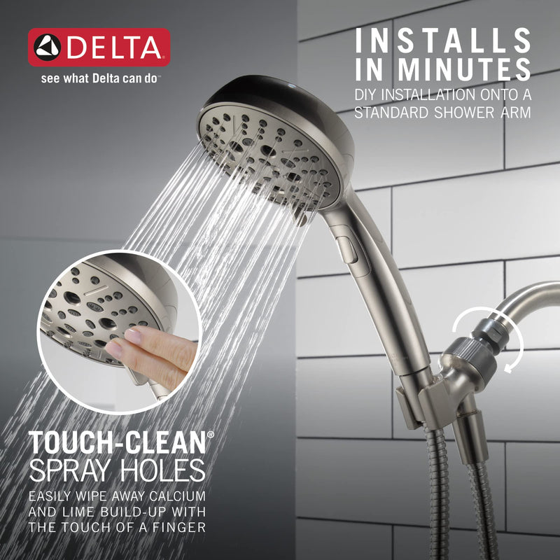Delta Faucet 6-Spray H2Okinetic Handheld Shower Head with Hose, Brushed Nickel Handheld Shower Head, Hand Shower, Showerheads, Hand Held Shower Heads, Detachable Shower Head, Satin Nickel 75536SN Stainless