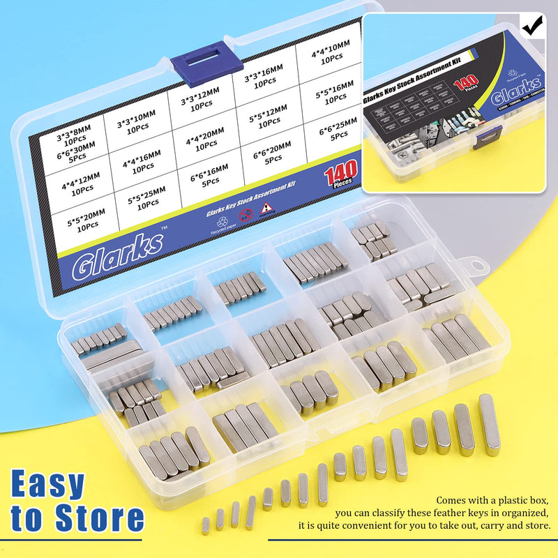 [Australia - AusPower] - Glarks 140Pcs 8mm 10mm 12mm 16mm 20mm 25mm 30mm Key Stock Keystock Assortment kit, 16 Sizes 304 Stainless Steel Smooth Round Ended Feather Key Parallel Drive Shaft Keys Set 