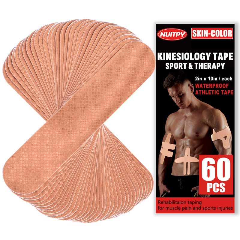 60PCS Precut Kinesiology Tape Strips, 2 inch x 10 inch Athletic Tape, Kinetic Tape, Elastic Muscle Tape, Sports Tape, Knee Tape for Exercise and Daily Use - Skin Color