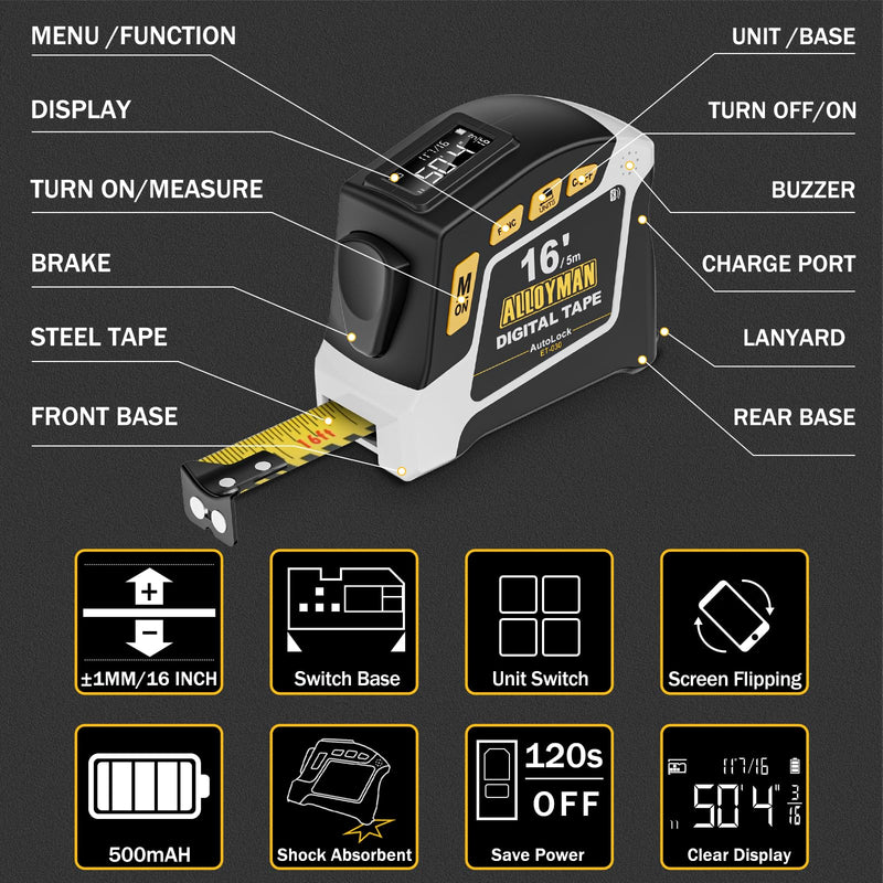 [Australia - AusPower] - Alloyman 2-in-1 Digital Tape Measure, 16Ft Measuring Tape, 50 Groups Historical Memory, 6 Units Switch, 4 Measuring Modes, Auto Lock with Movable Magnetic Hook, Waterproof & Drop Proof, App Sync 