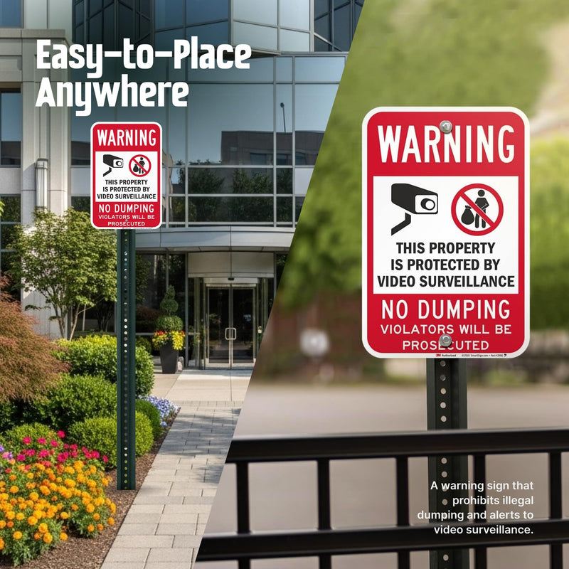 SmartSign 18 x 12 inch “Warning - No Dumping, Property Protected By Video Surveillance” Metal Sign, 63 mil Aluminum, 3M Laminated Engineer Grade Reflective Material, Red, Black and White, USA-Made 12" x 18" EG Reflective Aluminum