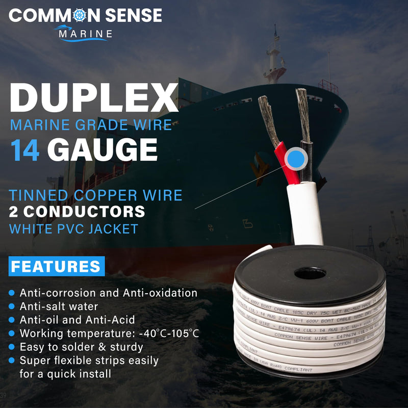 14 Gauge 2 Conductor Marine Wire - 30 ft Duplex Flat Marine Grade Wire Tinned Copper Oxygen-Free Insulated - 14/2 AWG UL 1426 Standard PVC Wire for Boat, Automotive, Speakers, Camper & Trailers 30 Feet (Spooled)